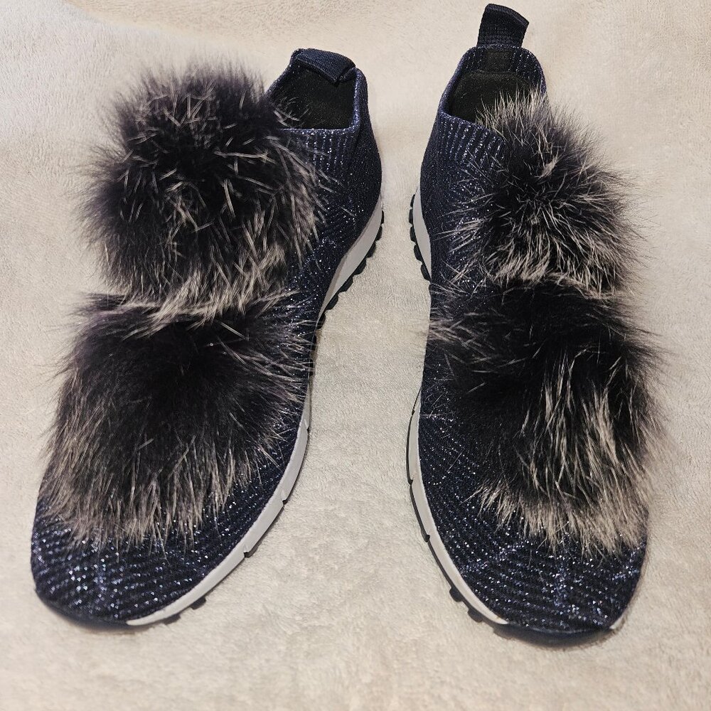 Jimmy Choo NWOT navy silver glitter knit Norway fox pompons sz 7-7.5